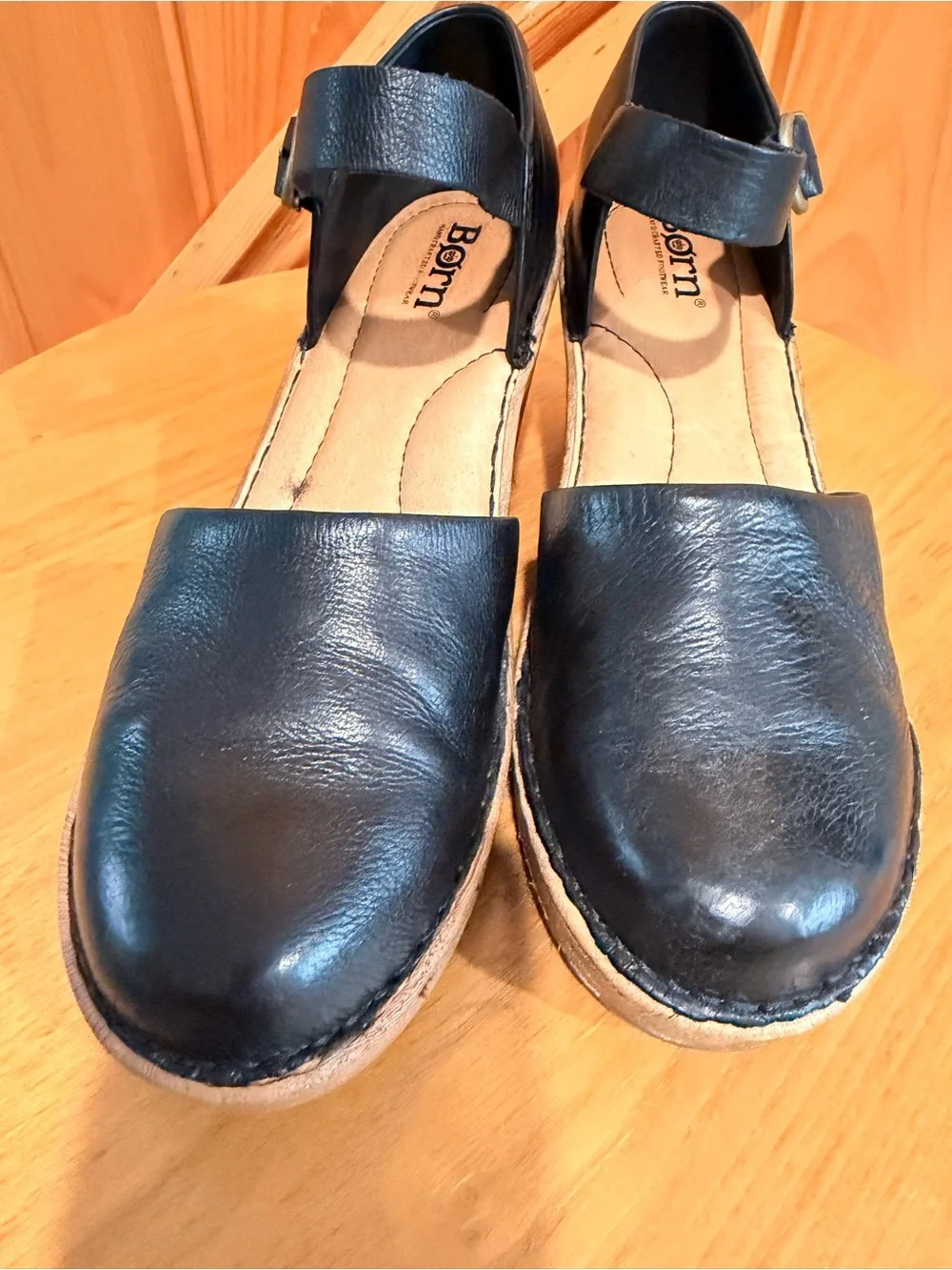 Born Black Leather Wedge Sandals with Ankle Strap
